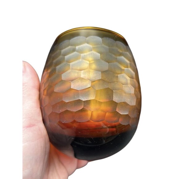 Pair Vintage Roly Poly Faceted Amber Gold Honeycomb Stemless Rocks Glasses - Picture 2 of 9